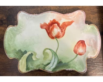Antique Old Abbey Limoges France Rectangle Porcelain Hand-Painted Tulips Scalloped Gold Rim