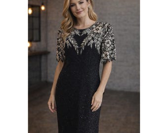 Vintage Stenay Black Silk Beaded and Sequined Cocktail Dress Size 10