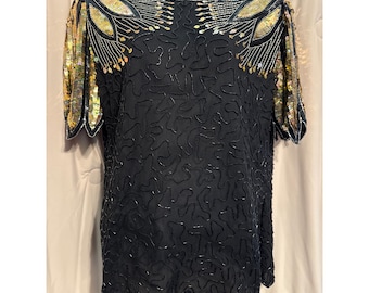 Vintage Laurence Kazar Short Sleeved Silk Black Top Medium Beads Sequins