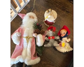 4 Vintage 1960's Christmas Tree Ornaments Mary Had A Little Lamb, Topo Gigio, Drum, Santa