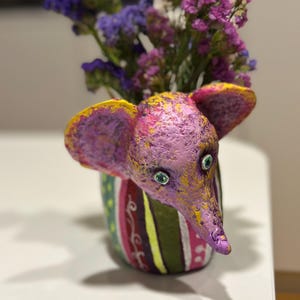 Whimsical Pink Elephant” – Handmade Papier Mâché Vase or Pencil Holder – Colorful Striped Animal Decor