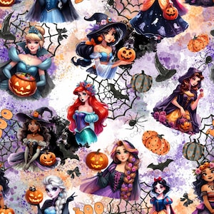 May include: A white background with a colorful pattern of Disney princesses dressed in Halloween costumes. The princesses are surrounded by pumpkins, bats, spiders, and cobwebs. The text "BOO" appears in the image.