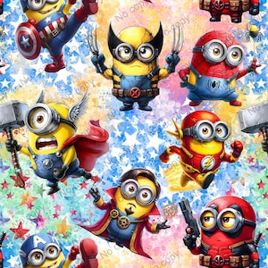 Patrón sin costuras de superhéroes de los Minions, papel digital de dibujos animados, patrón sin costuras de los Minions, patrón sin costuras de películas, archivo de sublimación