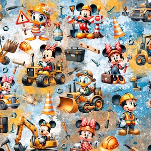 May include: A colourful seamless pattern featuring Mickey Mouse and his friends dressed as construction workers. The pattern includes various construction vehicles, tools, and safety signs. The background is a blue and yellow abstract design.