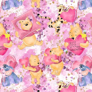 May include: A pink and white digital paper featuring Winnie the Pooh and Tigger characters with hearts and the text "Bee My Valentine".