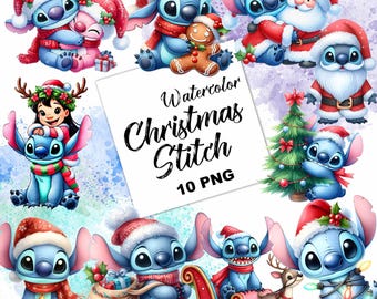 Watercolor Christmas Stitch Clipart, Cartoon PNG (Digital Download)