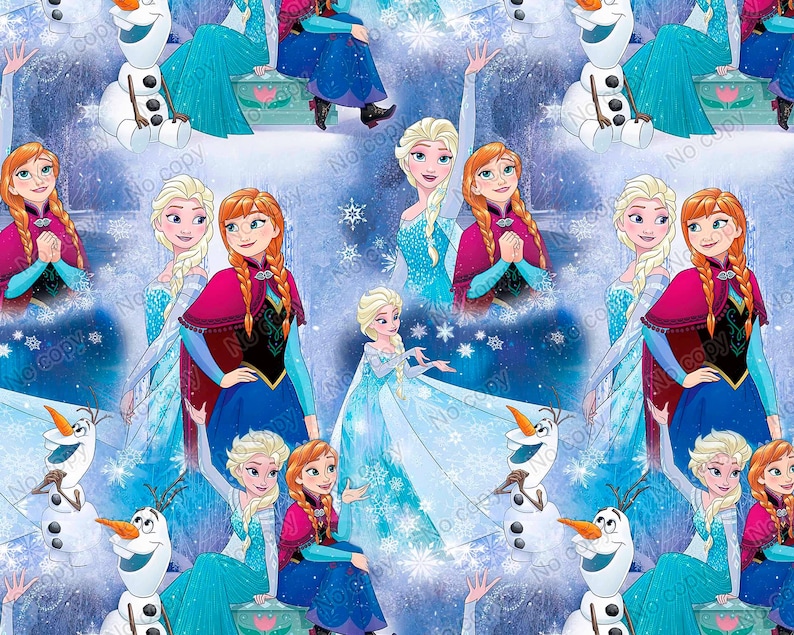 Puede incluir: Un patr&oacute;n repetitivo con personajes de la pel&iacute;cula animada "Frozen". El dise&ntilde;o incluye im&aacute;genes de Elsa, Anna, Olaf y otros personajes en un esquema de color invernal azul y blanco. Los copos de nieve y los detalles helados completan el dise&ntilde;o.
