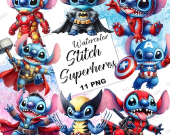 Stitch Superheroes Watercolor Clipart, PNG Files (Digital Download)
