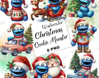 Cookie Monster Christmas Clipart, Watercolor Cartoon Christmas Sublimation File,