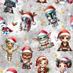 Könnte beinhalten: Ein nahtloses Muster mit verschiedenen Star Wars-Charakteren, die Weihnachtsmützen auf einem grauen Hintergrund mit Schneeflocken und Sternen tragen. Zu den Charakteren gehören Darth Vader, R2-D2, Yoda, Chewbacca, ein Stormtrooper und ein Mandalorianer.