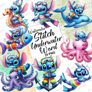 May include: Watercolor illustration featuring Stitch characters in various underwater scenes. Stitch is depicted with snorkeling gear, riding a seahorse, dolphin, octopus, and fish. The image includes the text "Watercolor Stitch Underwater Word 10 PNG."