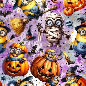Op de afbeelding: Een herhalend patroon met Minions in Halloween-kostuums. Het ontwerp bevat Minions als mummie, heksen en met pompoenen. Vleermuizen, pompoenlantaarns en schedels zijn ook aanwezig op een paarse achtergrond.