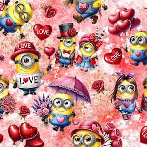 Valentines Minions Seamless Pattern, Minions V day Digital Paper, Valentines Day Seamless Pattern, Minions Sublimation File
