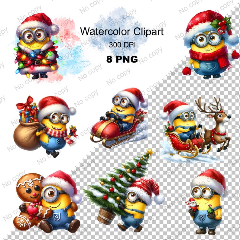 May include: Eight watercolor illustrations of a yellow minion wearing a Santa hat and various Christmas outfits. The minion is holding a Christmas tree, a bag of presents, a gingerbread man, a sled, and riding a reindeer.