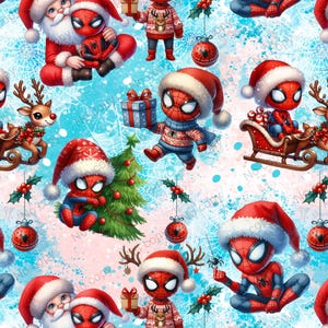 Puede incluir: Patrón repetitivo con personajes de Spiderman de dibujos animados con gorros de Papá Noel y suéteres navideños. El diseño incluye renos, árboles de Navidad y adornos sobre un fondo azul claro y blanco.