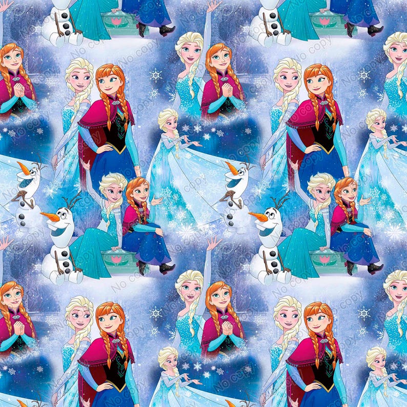 Puede incluir: Un patr&oacute;n repetitivo con personajes de la pel&iacute;cula animada "Frozen". El dise&ntilde;o incluye im&aacute;genes de Elsa, Anna, Olaf y copos de nieve, sobre un fondo azul claro. Los personajes est&aacute;n representados con sus trajes caracter&iacute;sticos.