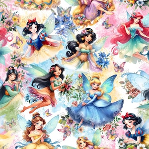 Patrón sin costuras de princesa de hadas, papel digital de princesa, cuentos de hadas sin costuras, envoltura para vaso de princesa, archivo de sublimación