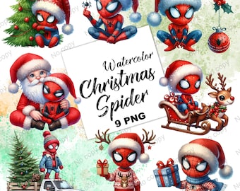 Christmas Spider Clipart, Superhero Cartoon PNG (Digital Download)
