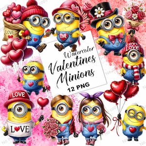 Clipart de acuarela de los Minions de San Valentín, Clipart de monstruo de dibujos animados lindo de San Valentín, Archivo de sublimación de los Minions. Clipart del día de San Valentín,