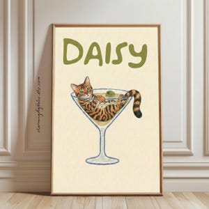 Retrato de gato personalizado en copa de Martini, ilustración de mascota personalizada para la decoración de un carrito de bar de cócteles.