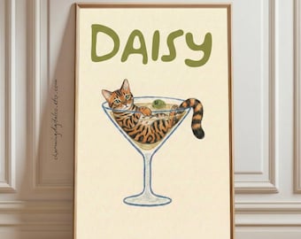 Custom Cat Portrait in Martini Glass, Personalized Pet Illustration for Cocktail Bar Cart Decor