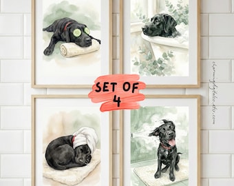 Custom Watercolor Dog Portrait Set, Personalized Spa Bathroom Art Print