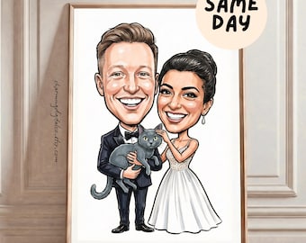 Custom Wedding Caricature with Cat from Photo, Bride Groom & Pet Portrait