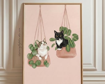 Custom Cats Portrait in Hanging Plant Basket, Personalized Pet Illustration Watercolor Style