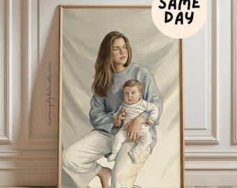 Custom Mother and Child Portrait, Mom & Baby Illustration from Photo, First Mothers Day