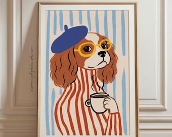 Custom Dog Portrait with Coffee, Personalized Parisian Style Pet Illustration, Funny Kitchen Wall Art