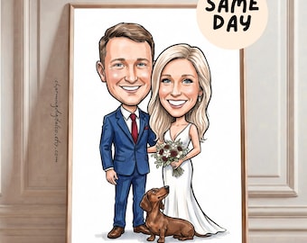 Custom Wedding Caricature with Small Dog from Photo, Bride Groom & Pet Portrait