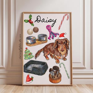 May include: A digital illustration featuring a long-haired brown dachshund wearing a Santa hat, surrounded by holiday-themed pet items including a food bowl set, a black pet bed, a candy cane, a Christmas tree, and the name Daisy in black script.