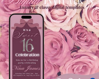 Sweet sixteen birthday invitation, Editable template, Coquette invite, Sweet 16 invite, Pink 16th, Self editable, Pink birthday, Pink bow