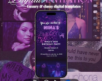 Euphoria themed birthday invitation, Animated birthday invitation, 18th birthday party, Purple, Glitter, Digital and editable template