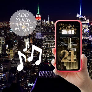 May include: A pink smartphone with a digital invitation for a 21st birthday dinner. The invitation features a gold glitter number 21 and the text "Birthday Dinner" and "Nina James". The phone is held in a hand against a backdrop of a city skyline at night.