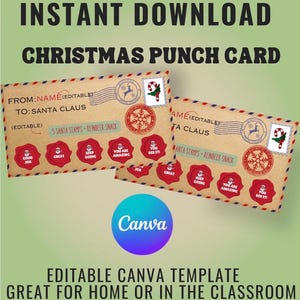 May include: Two Christmas punch cards designed as envelopes, with text reading "FROM: NAME TO: SANTA CLAUS". The cards feature stamps and seals with festive designs and the text "5 SANTA STAMPS - REINDEER SNACK". The Canva logo is also visible.