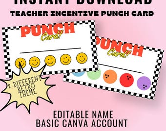 Retro|Editable Digital Download| Printable punch cards| Incentive cards for students and teachers | Easy Use | Classroom punch card