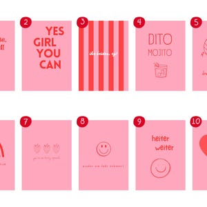 Könnte beinhalten: Eine Sammlung von zehn rosa Karten mit roten Illustrationen und Text. Die Karten zeigen verschiedene Designs, darunter eine Discokugel, ein Regenbogen, ein Herz und Sätze wie "Yes Girl You Can" und "Dito Mojito".