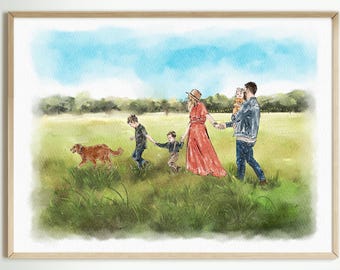 Custom Hand-Drawn Family Portrait from Photo, Watercolor Artwork, Couple Portrait, Family Portrait with Pet, Anniversary Gift for Parents