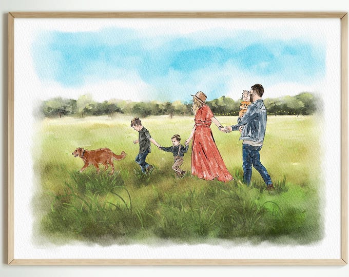 Custom Hand-Drawn Family Portrait from Photo, Watercolor Artwork, Couple Portrait, Family Portrait with Pet, Anniversary Gift for Parents