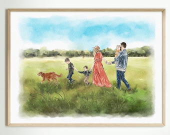 Custom Hand-Drawn Family Portrait from Photo, Watercolor Painting, Couple Portrait, Family Portrait with Pet, Anniversary Gift for Parents