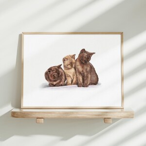 K&ouml;nnte beinhalten: Ein gerahmter Kunstdruck mit einer detaillierten Illustration von drei zusammen sitzenden K&auml;tzchen. Zwei K&auml;tzchen sind dunkelbraun und ein K&auml;tzchen in der Mitte ist hellbeige. Das Kunstwerk befindet sich in einem einfachen, hellen Holzrahmen.