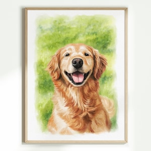 Könnte beinhalten: Aquarellporträt eines Golden Retriever-Hundes mit fröhlichem Gesichtsausdruck. Der Hund hat goldenes Fell und eine rosa Zunge, vor einem grün-weißen Hintergrund, in hellem Holz gerahmt.