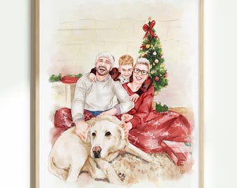 Custom Hand-Drawn Watercolor Family Portrait from Photo, Personalized Family & Pet Portrait, Family Gift, Gift for Parents