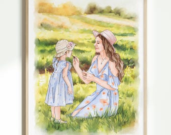 Custom Hand-Drawn Mother and Child Watercolor Portrait from Photo, Mom Daughter / Mom Son Portrait, Gift for Mom, Mother's day Gift