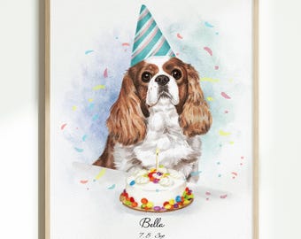 Custom Pet Birthday Portrait, Personalized Dog Birthday Painting, Hand-Drawn Watercolor Pet Portrait, Birthday Gift for Dog Lovers