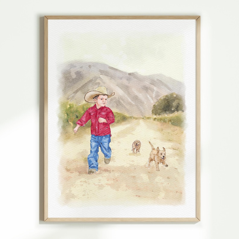 May include: Watercolour painting of a young person in a red shirt, blue jeans, and a cowboy hat running down a dirt track, followed by two dogs. Mountains and a tree are in the background. The artwork is framed in a light wood frame.
