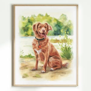 May include: A watercolor painting of a golden-brown dog sitting outdoors. The dog has a dark collar with a round orange tag, a white patch on its chest, and its tongue is hanging out. The background features green trees and a body of water.