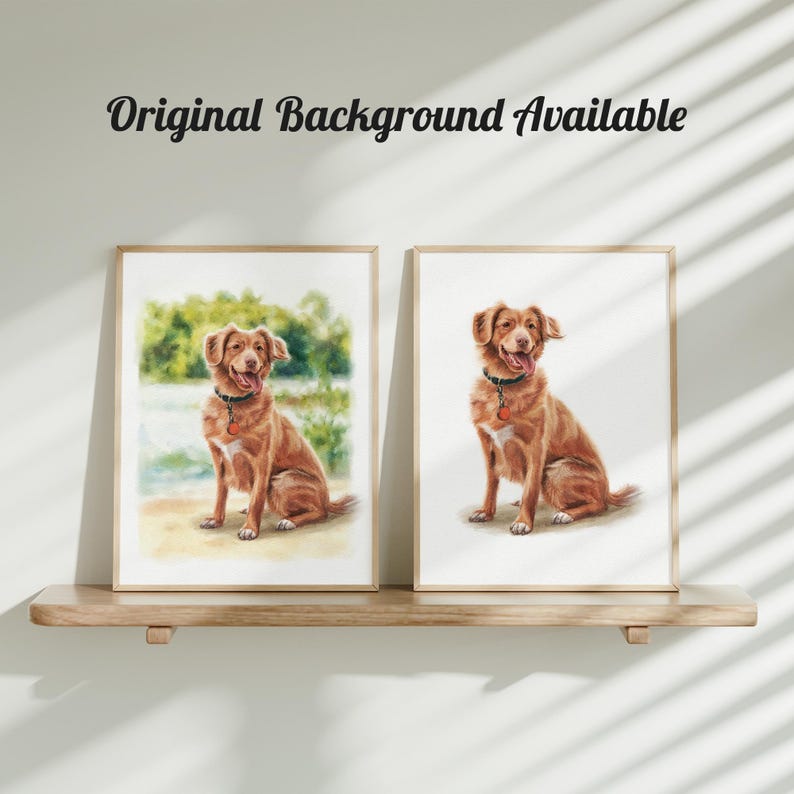 K&ouml;nnte beinhalten: Zwei gerahmte Kunstdrucke, die einen goldbraunen Hund mit einem wei&szlig;en Brustfleck und einem dunklen Halsband mit Anh&auml;nger zeigen. Der linke Druck zeigt den Hund in einer nat&uuml;rlichen Umgebung, der rechte Druck vor einem schlichten wei&szlig;en Hintergrund.