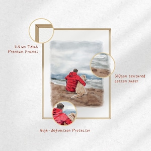 May include: Framed watercolour print showing a person in a red jacket and a golden retriever dog on a beach. The frame is 3.5 cm thick. The print is on 310gsm textured cotton paper. The image is protected by a high-definition protector.